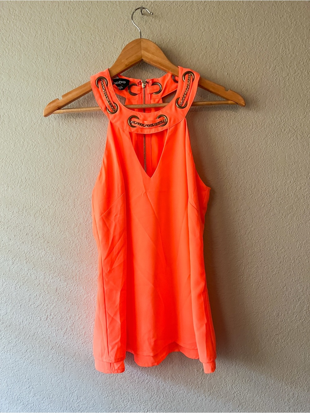 bebe y2k Orange Sleeveless Halter Top with Chain Collar Neckline XS